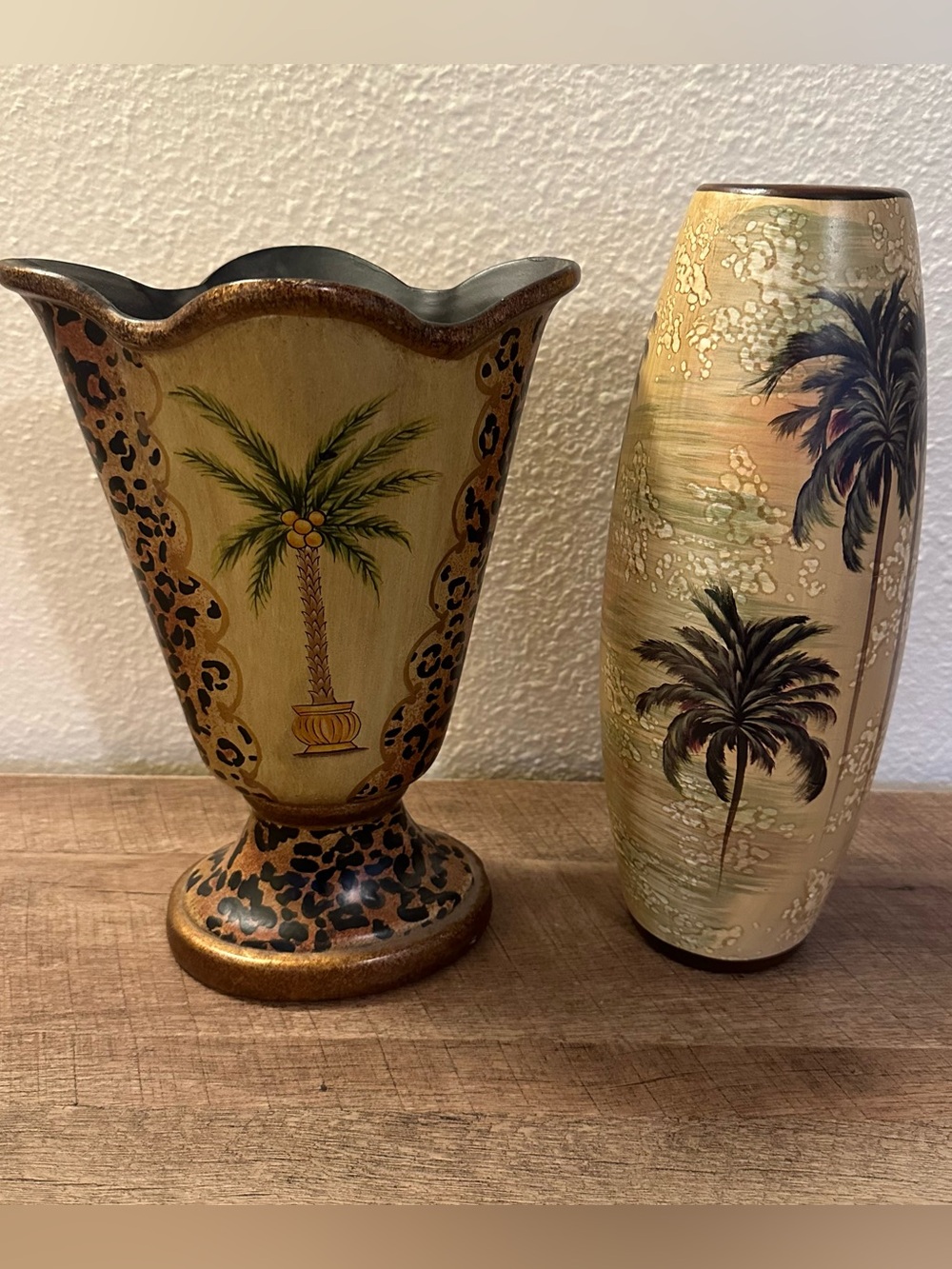 Pair Hand-Painted Palm Tree Vintage Ceramic Vase